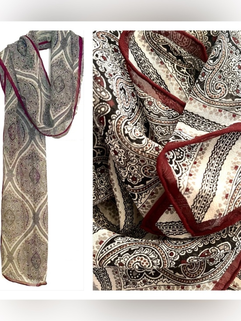 Semi Sheer Paisley Pattern Scarf in Cream, Black and Burgundy!
